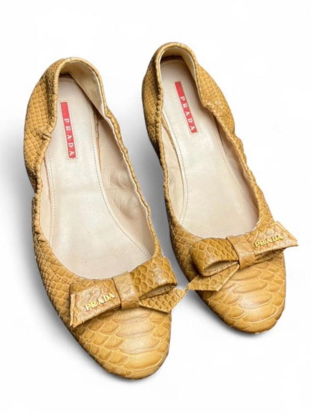Prada Nude Embossed Snake Bow Ballet Flats - Womens 41 EU